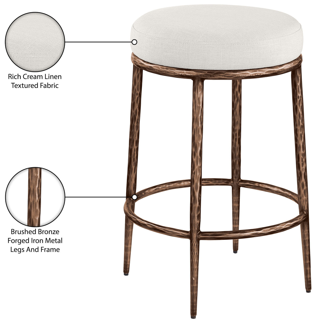 Ferro - Linen Textured Performance Fabric Upholstered Backless Counter Stool - Cream / Brushed Bronze
