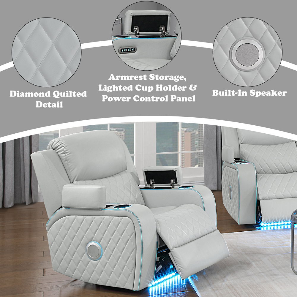 Elonzo - Power Motion Recliner With LED, Power Headrest & Speaker - Light Gray