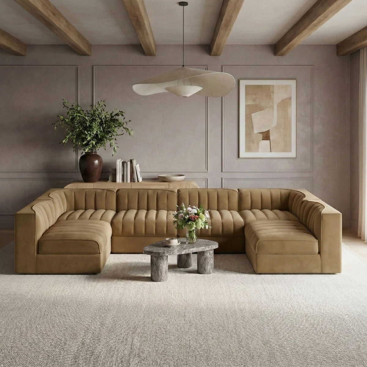 Rummi - Armless Velvet Performance Fabric Upholstered 6 Piece Modular Sectional