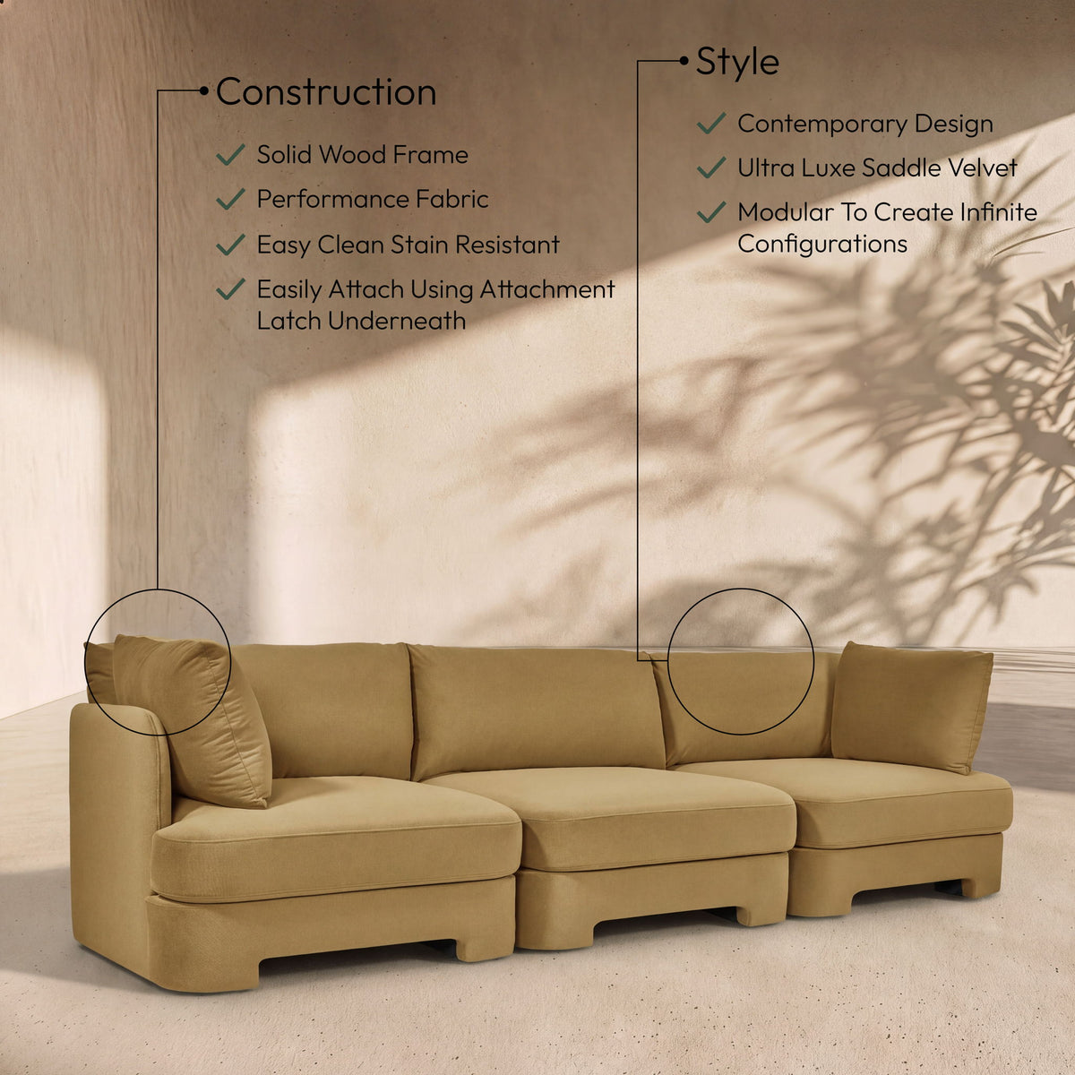 Hammond - Velvet Performance Fabric Upholstered 3 Piece Sofa