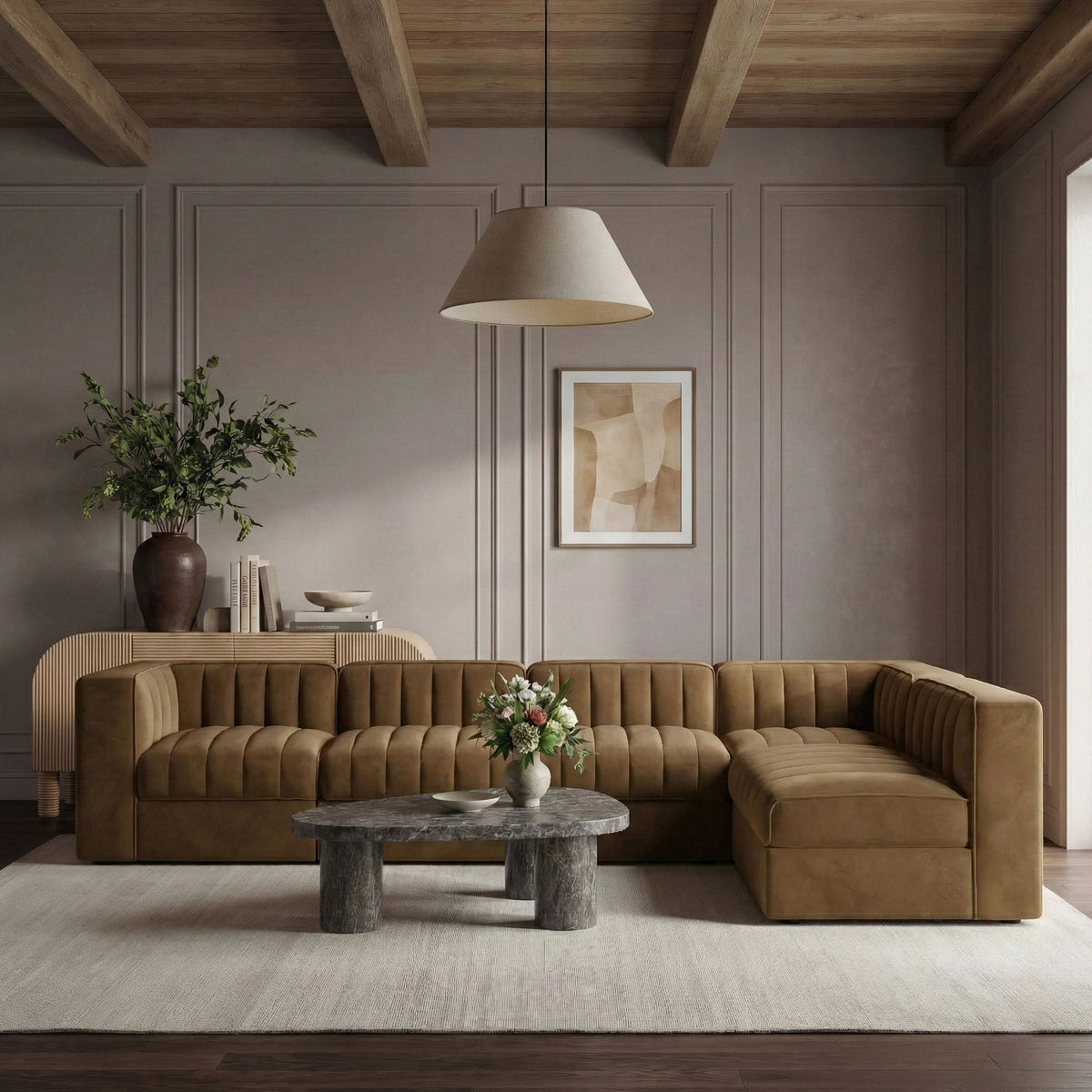 Rummi - Velvet Performance Fabric Upholstered 6 Piece Modular Sectional