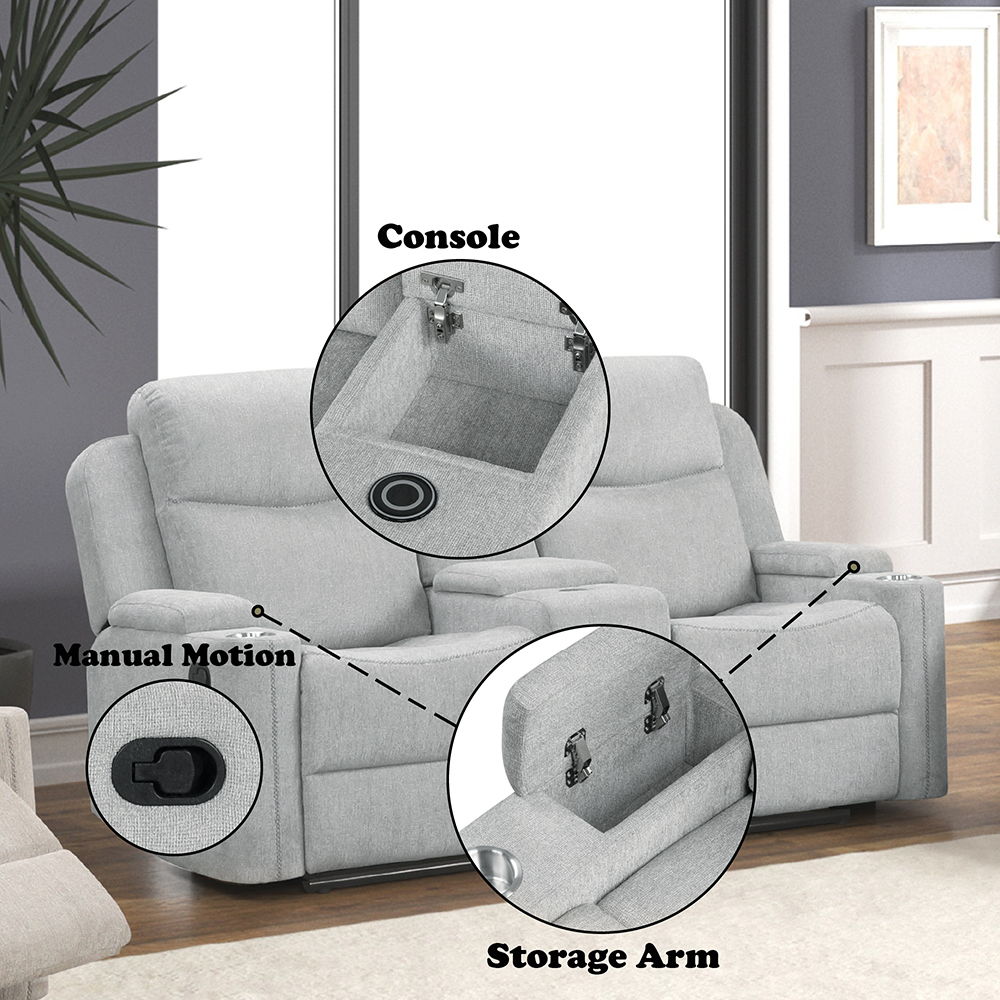 Galya - Motion Loveseat With Console - Light Gray Chenille