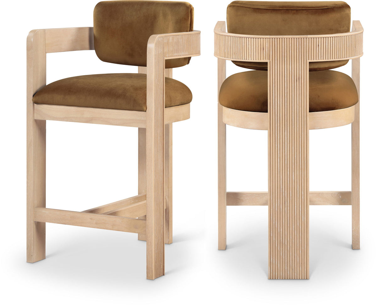 Sacha - Velvet Stool With Natural Base - Saddle
