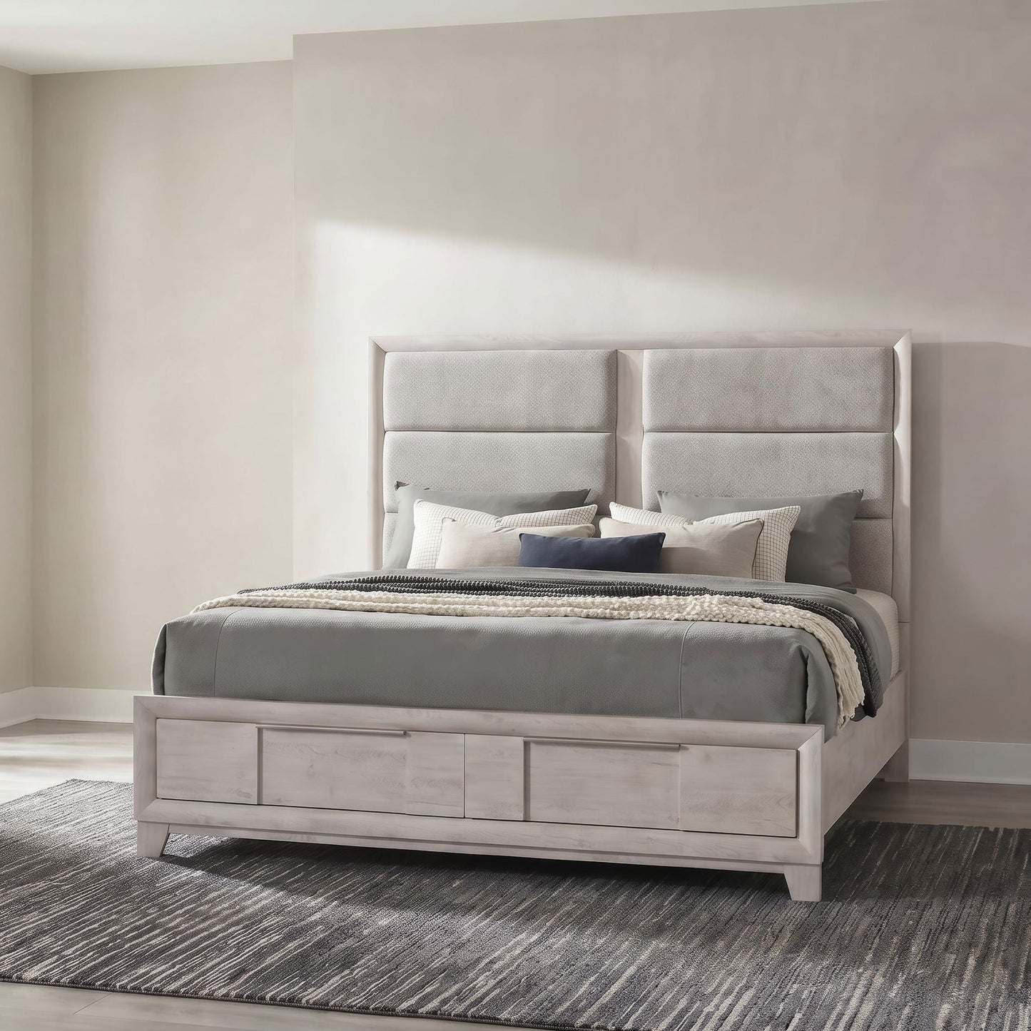 Farre Eastern King Upholstered Storage Platform Bed Washed Grey