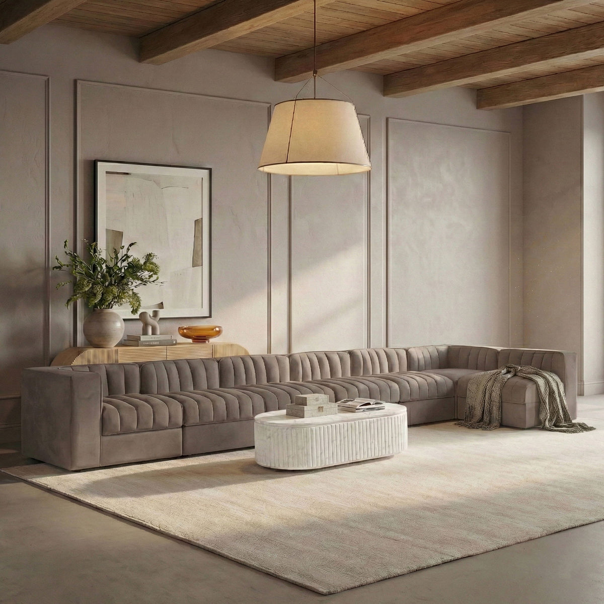 Rummi - Velvet Performance Fabric Upholstered 7 Piece Modular Sectional, L-Shaped (Right)