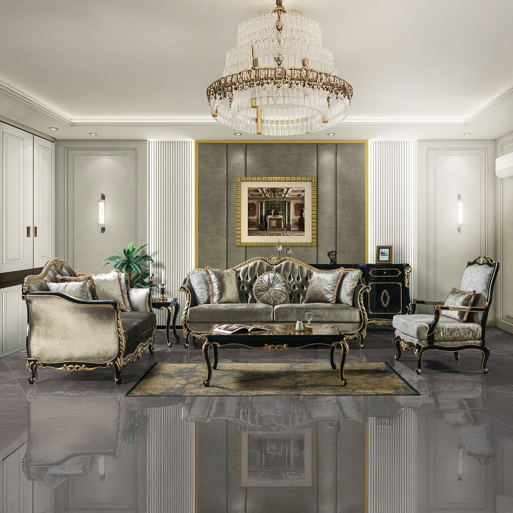 Betria - Loveseat With 4 Pillows - Light Green Velvet, Gold & Black High Gloss