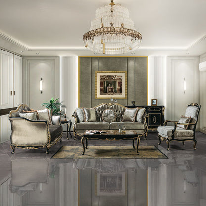 Betria - Loveseat With 4 Pillows - Light Green Velvet, Gold & Black High Gloss