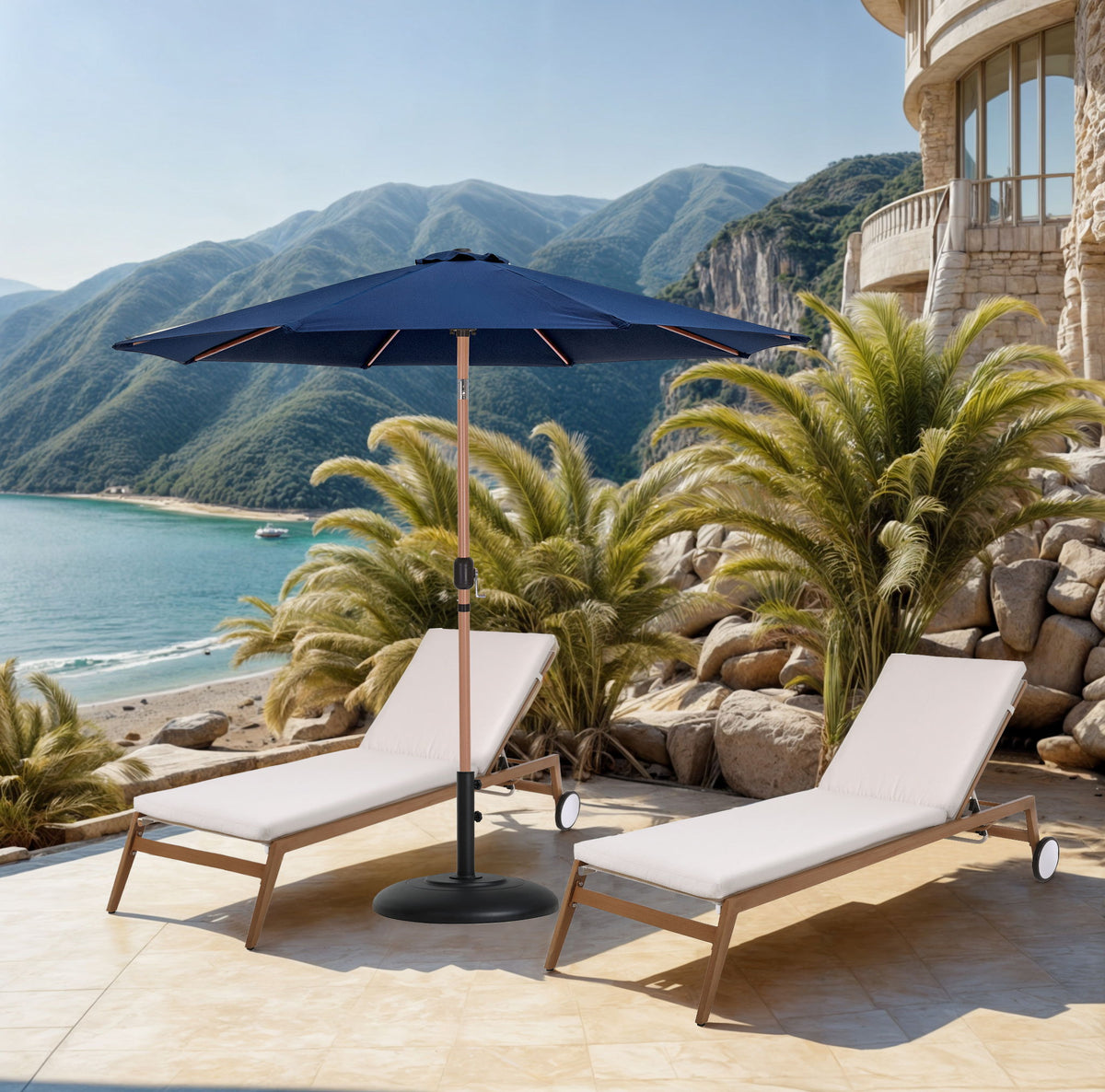 Fiji - Aluminum Patio Umbrella With Round Black And Teak Base