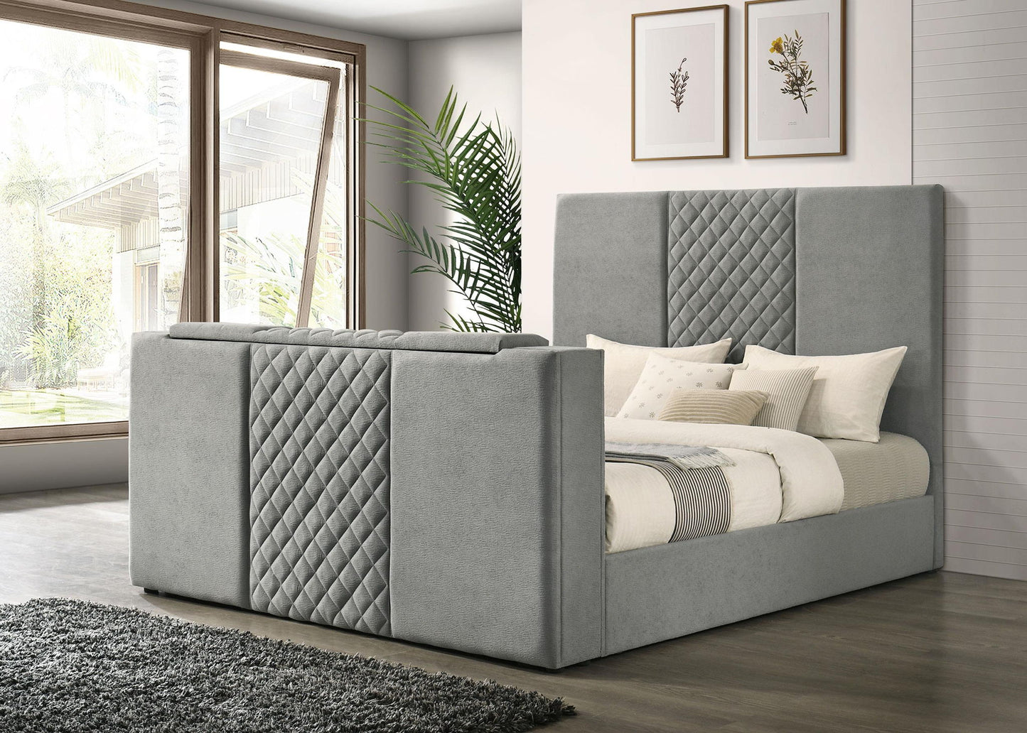 Tara 61-inch Upholstered Eastern King Panel TV Bed Grey