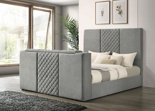 Tara 61-inch Upholstered Eastern King Panel TV Bed Grey