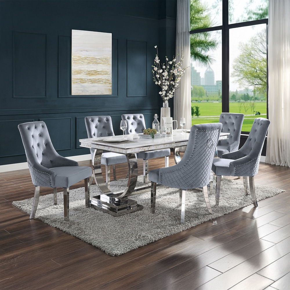 Zander - Dining Table - White Printed Faux Marble Top & Mirrored Silver