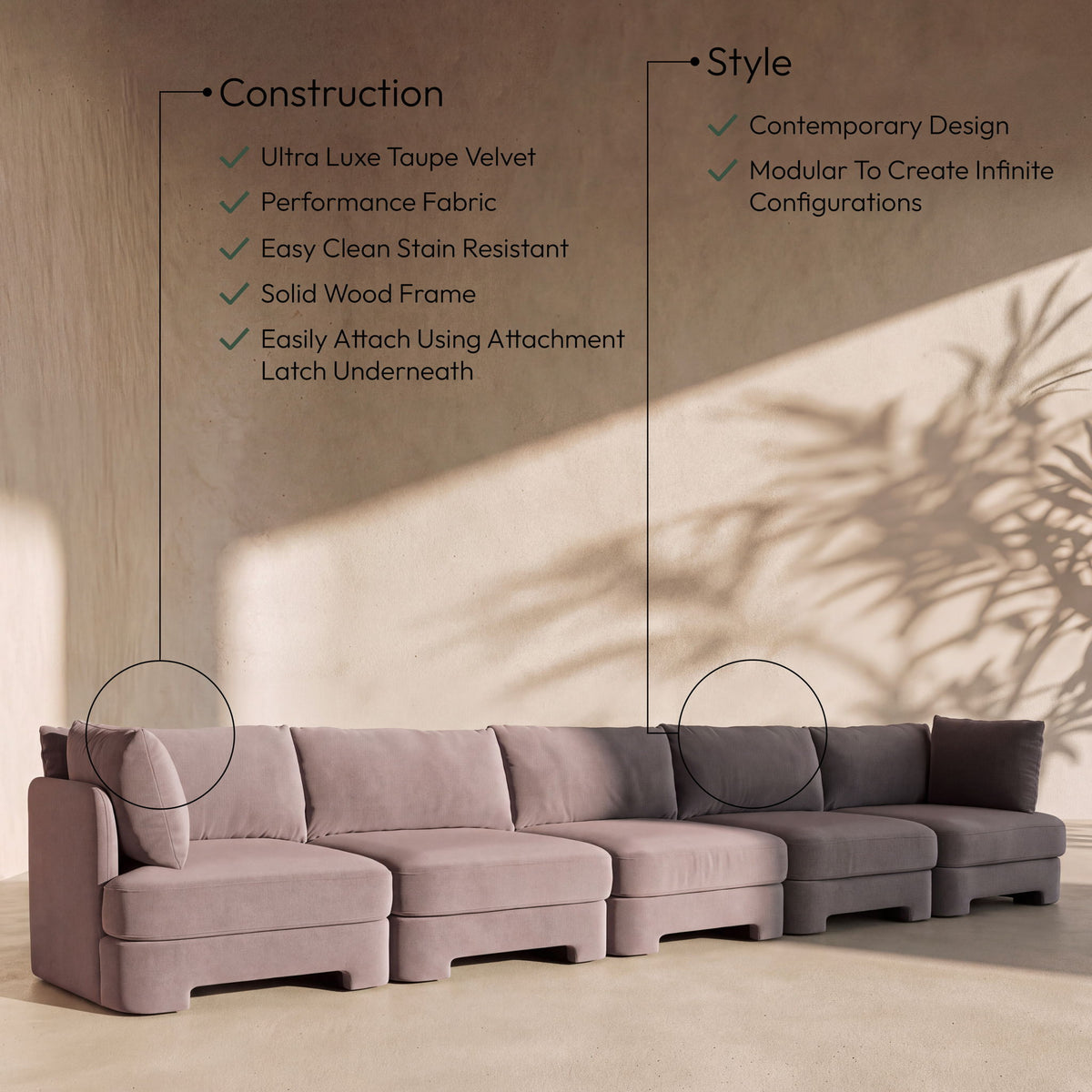 Hammond - Velvet Performance Fabric Upholstered 5 Piece Sofa