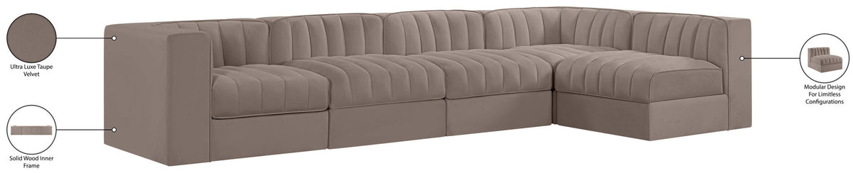 Rummi - Velvet Performance Fabric Upholstered 5 Piece Modular Sectional, L-Shaped (Right)