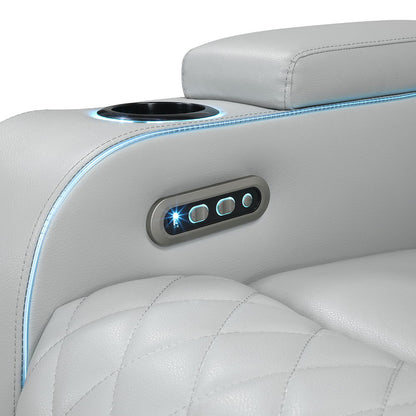Elonzo - Power Motion Sofa With LED, Power Headrest & Speaker - Light Gray