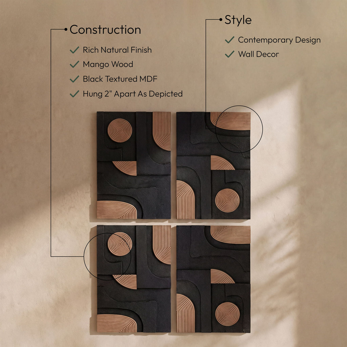 Element - 50" Mango Wood 4 Piece Wall Art - Natural / Black