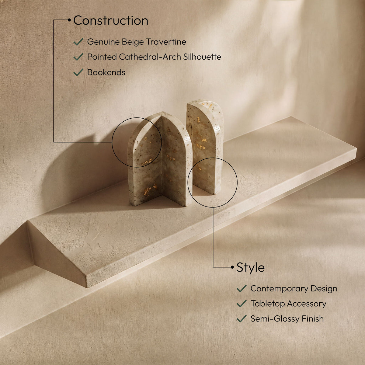 Dufresne - Genuine Marble Bookend - Travertine