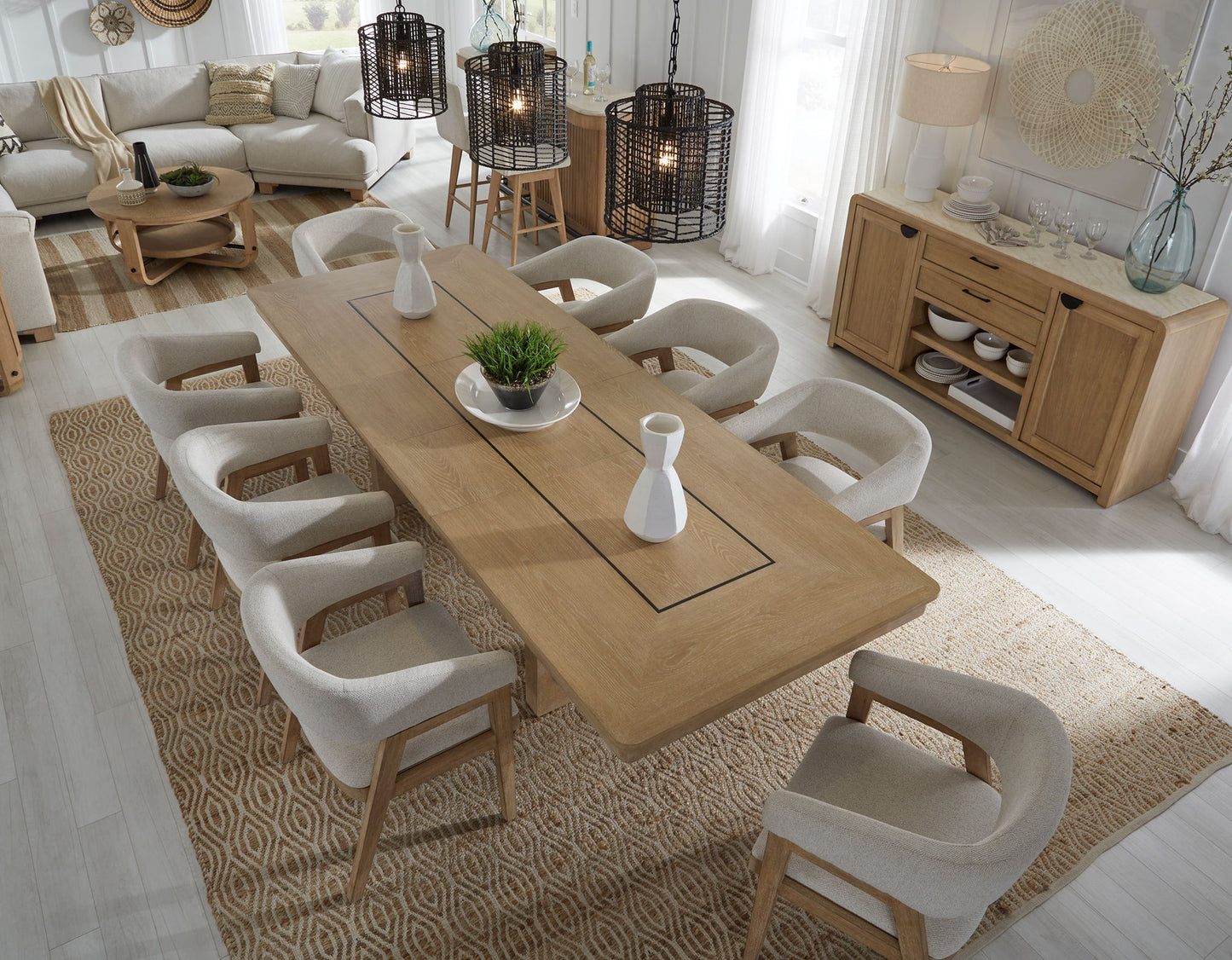Escape - Dining Buffet Server With Stone Top - Glazed Natural Oak / Natural Cane / Vanilla Bean Stone