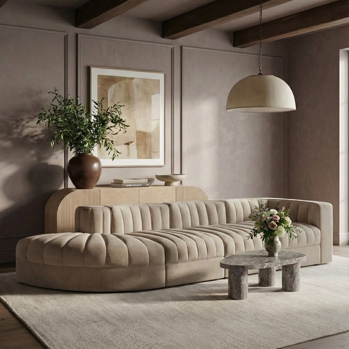 Rummi - Velvet Performance Fabric Upholstered 4 Piece Modular Sectional With Reverse Corner Chair