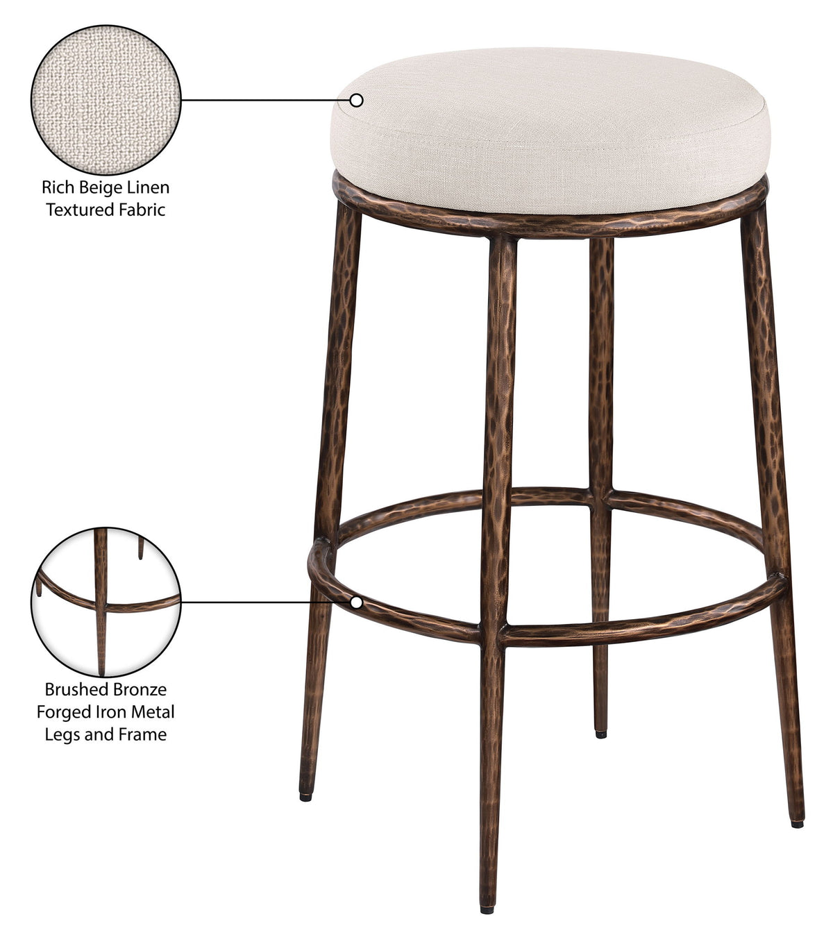 Ferro - Performance Fabric Upholstered Backless Bar Stool - Antique Bronze