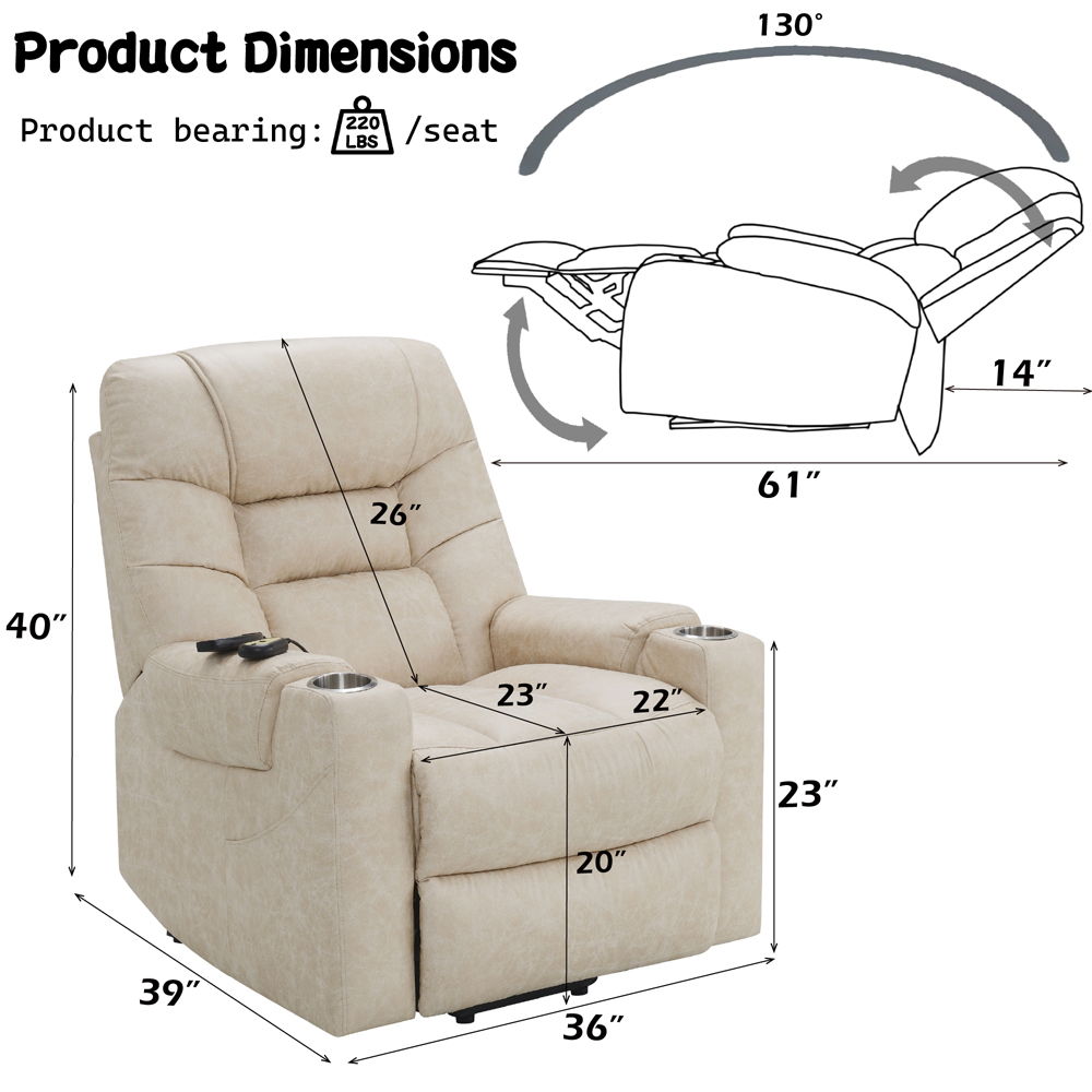 Nairi - Power Recliner With Lift, Heating & Massage - Ivory Polished Microfiber
