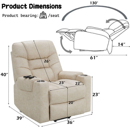 Nairi - Power Recliner With Lift, Heating & Massage - Ivory Polished Microfiber