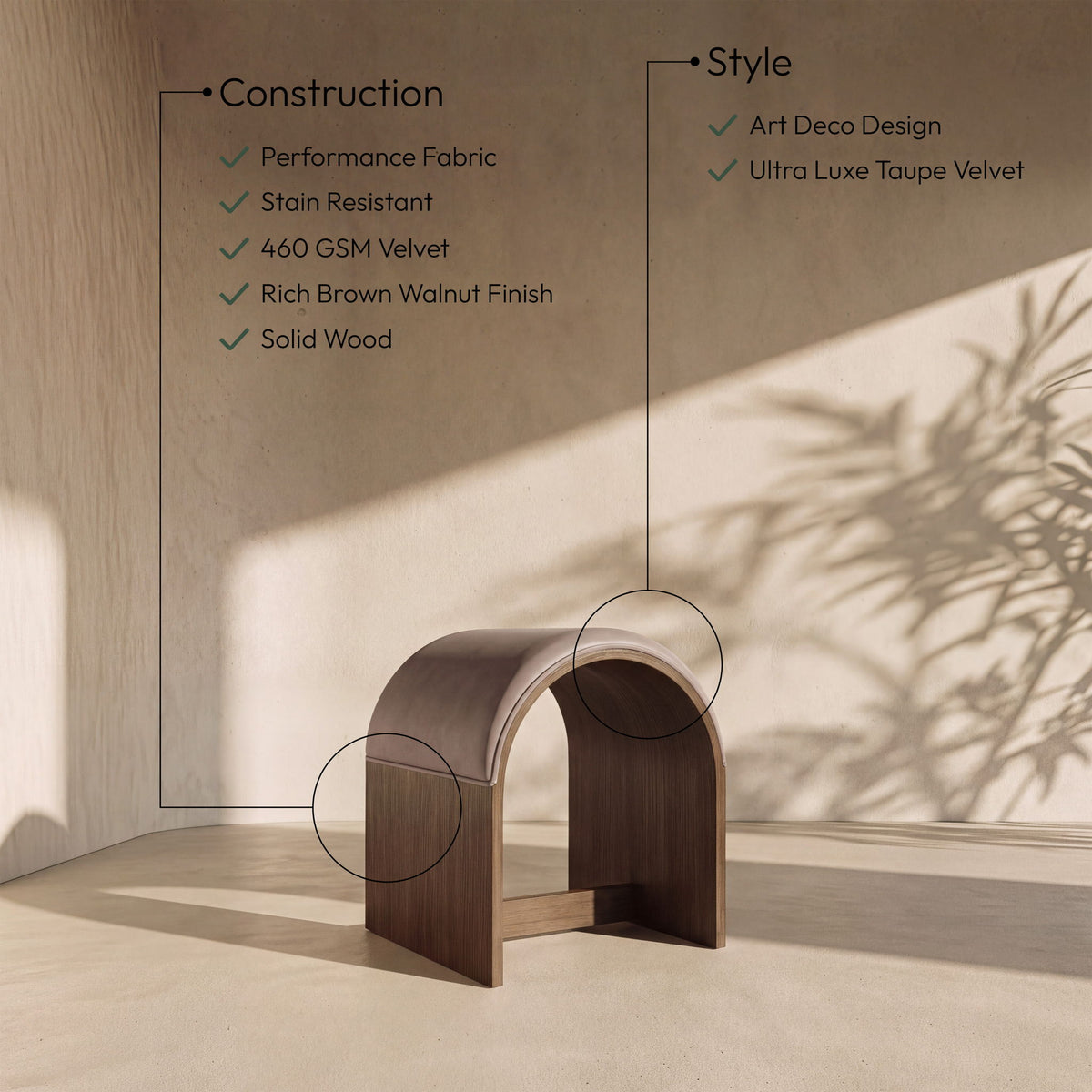 Sable - Velvet Performance Fabric Upholstered Bench