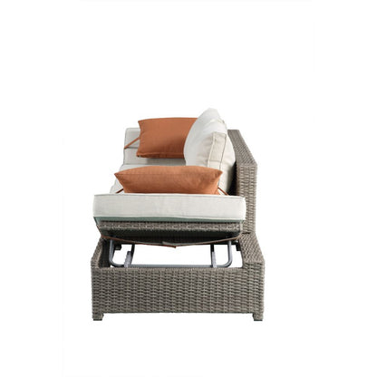 Salena - Patio Sofa With 2 Pillows & Ottoman - Beige Fabric & Gray Wicker