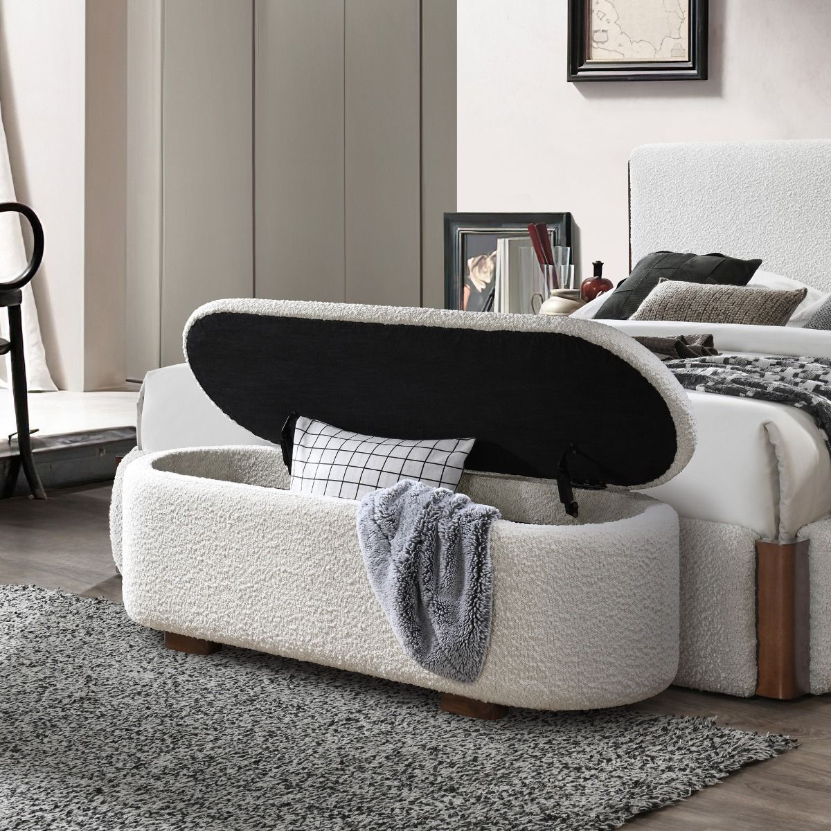 Sandro - Bench With Storage - Beige Boucle & Walnut
