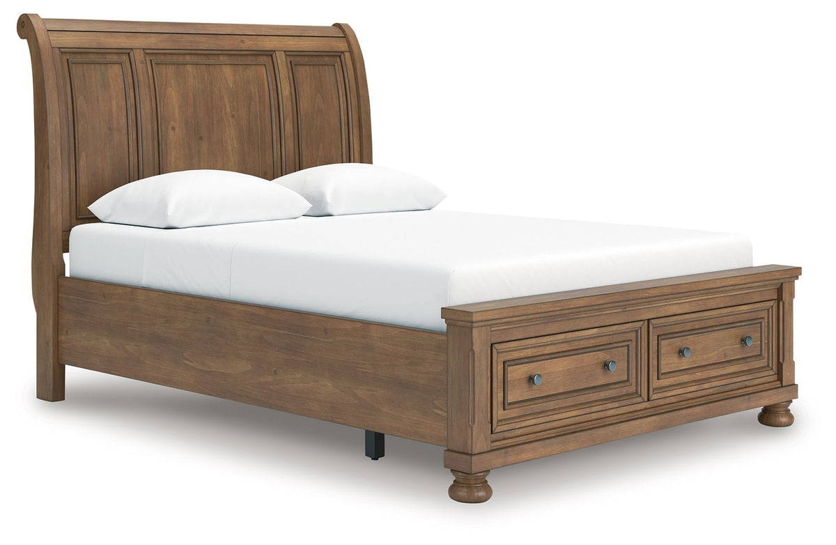 Feddinger - 3 Pc. - Queen Sleigh Storage Bed, Dresser And Mirror - Medium Brown