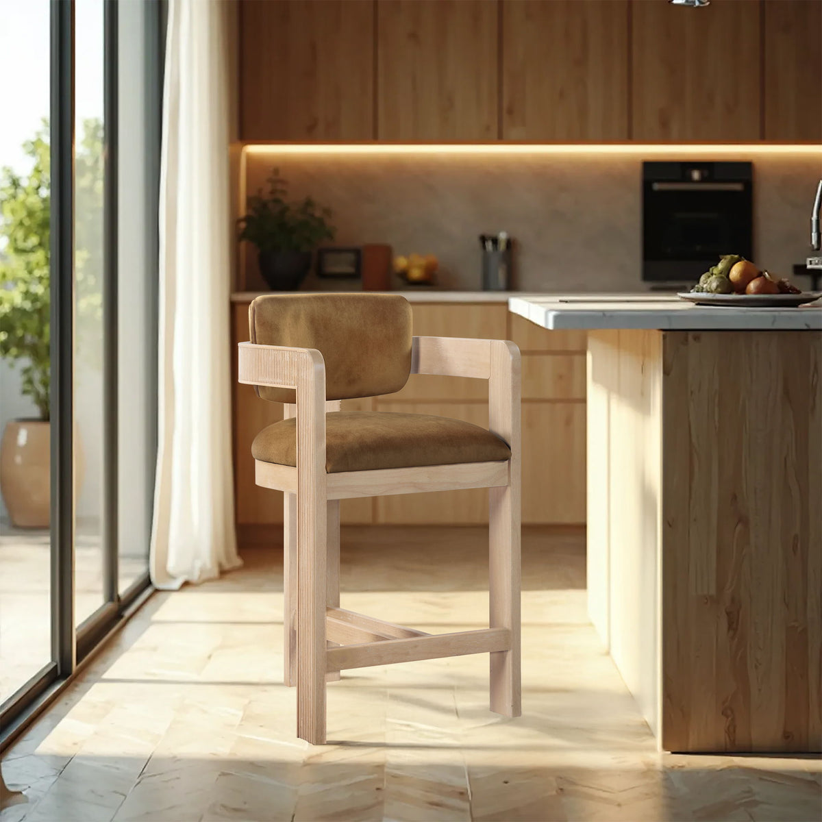 Sacha - Velvet Stool With Natural Base - Saddle