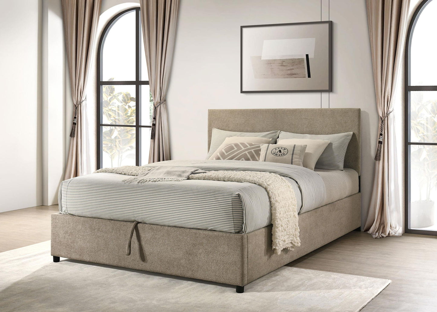 Reeves Upholstered Queen Lift-Top Storage Platform Bed Tan