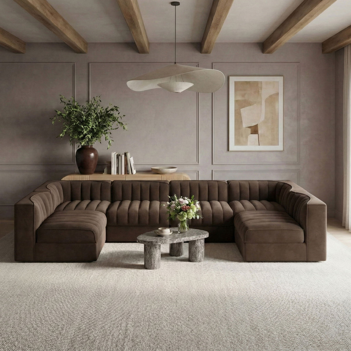 Rummi - Armless Velvet Performance Fabric Upholstered 6 Piece Modular Sectional