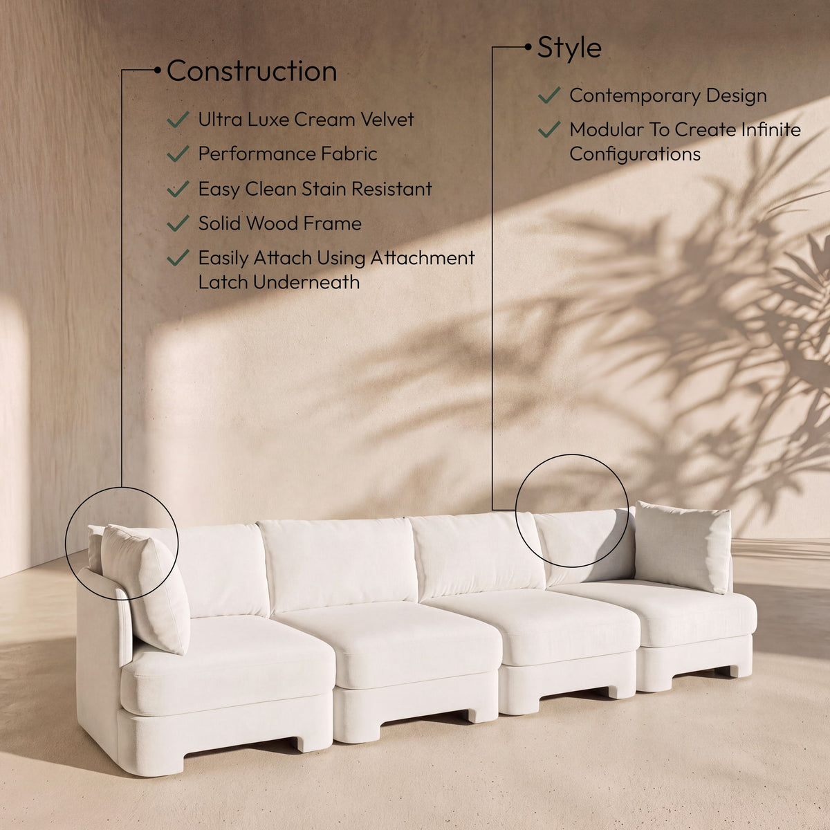 Hammond - Velvet Performance Fabric Upholstered 4 Piece Sofa