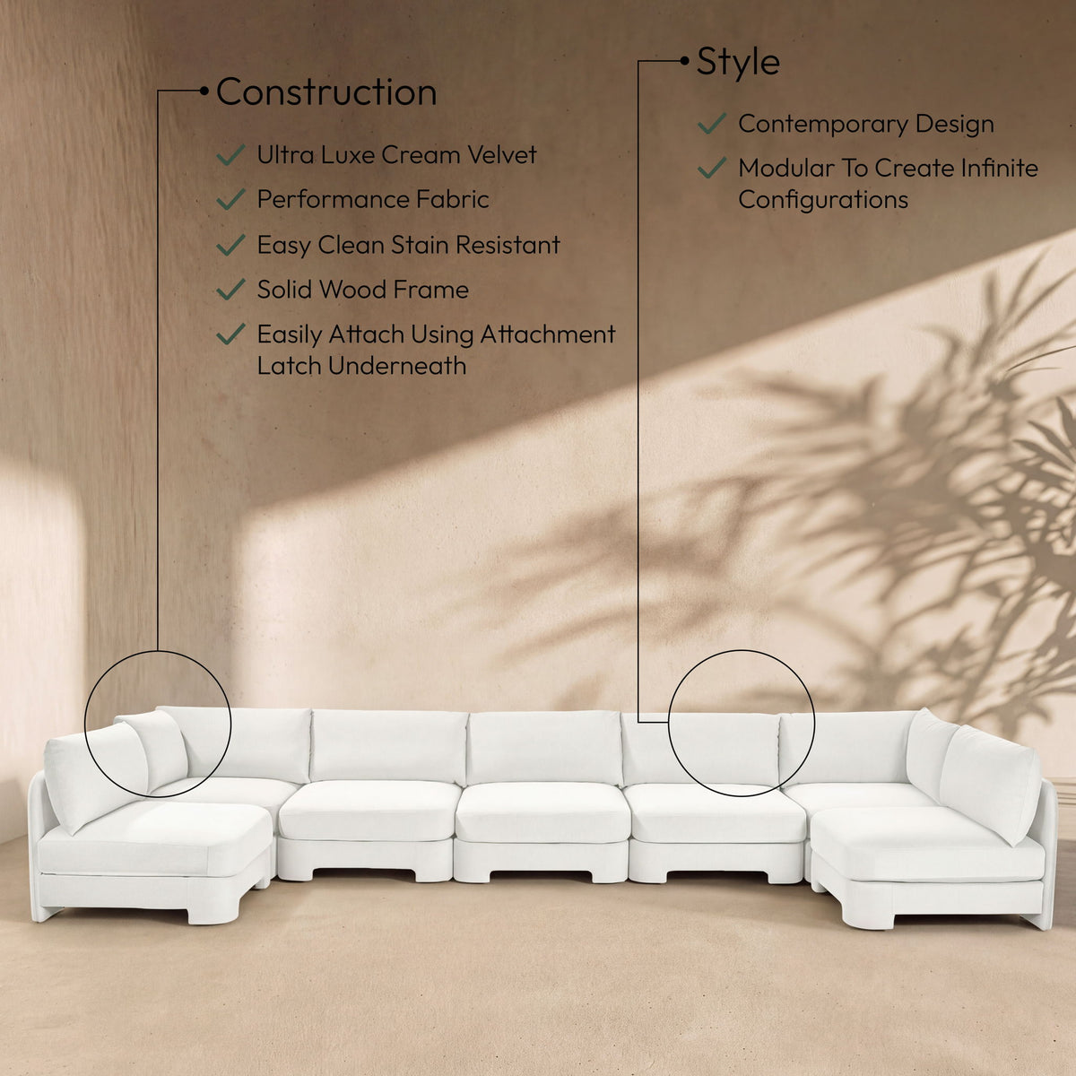 Hammond - Velvet Performance Fabric Upholstered 7 Piece U-Shaped Armless Sectional