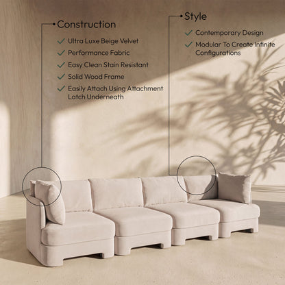 Hammond - Velvet Performance Fabric Upholstered 4 Piece Sofa