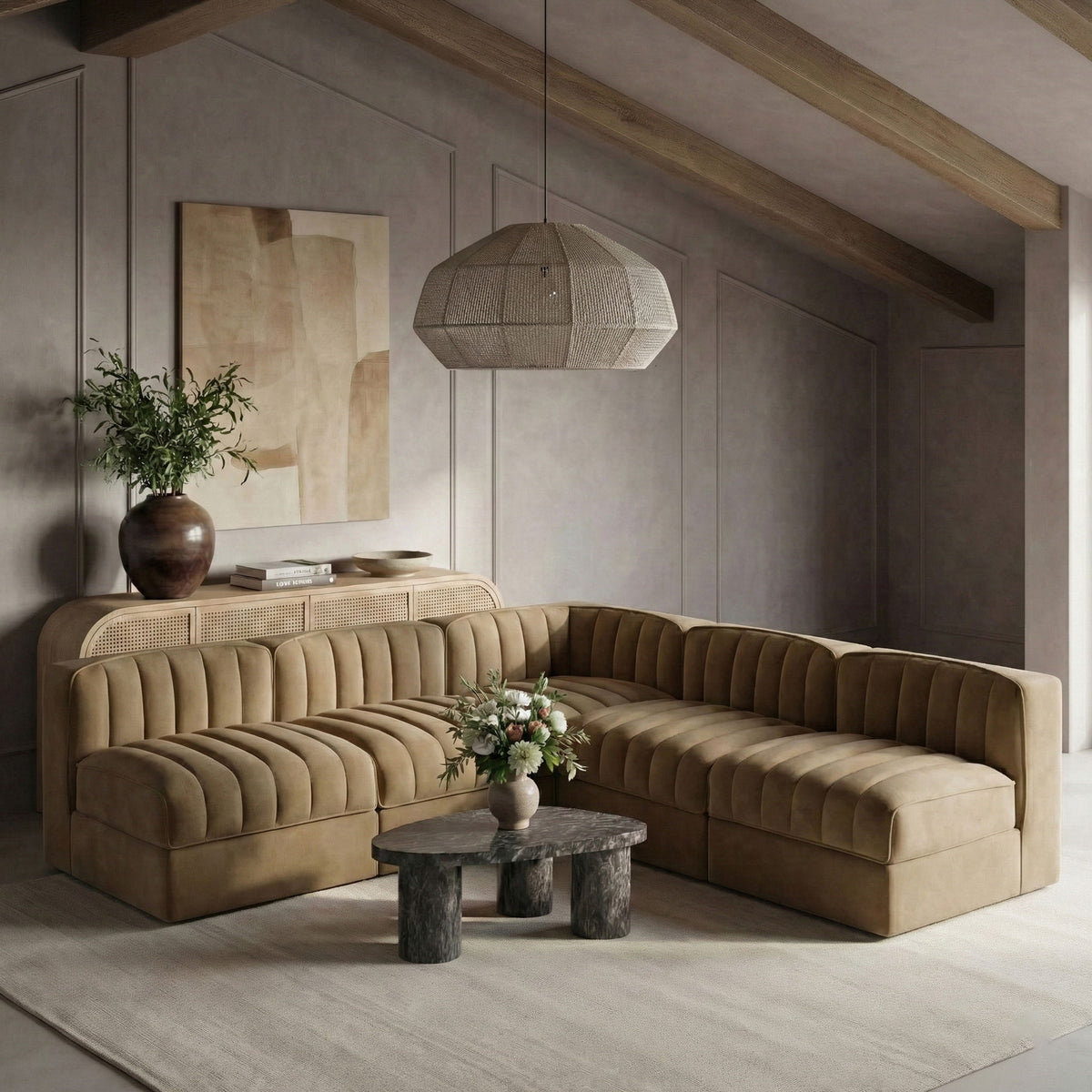 Rummi - Armless Velvet Performance Fabric Upholstered 5 Piece Modular Sectional