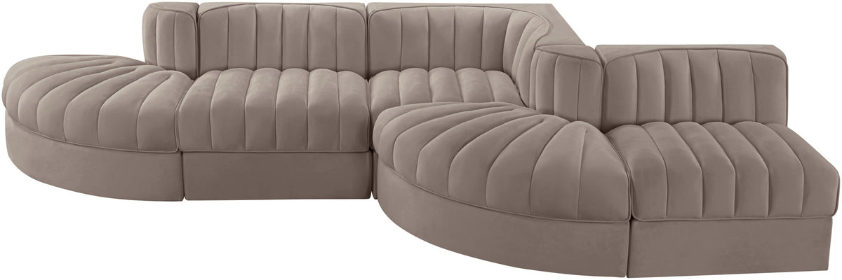 Rummi - Rounded Velvet Performance Fabric Upholstered 5 Piece Modular Sectional