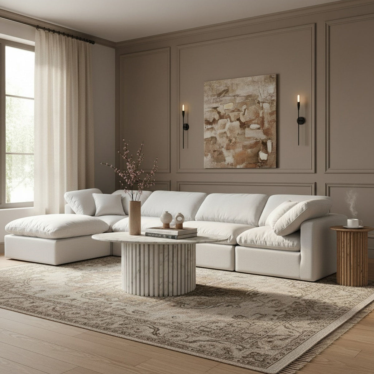 Indulge - Linen 5 Piece Modular Sectional With Chaise - White