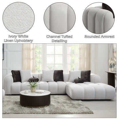 Manilla - Sectional Sofa With 8 Pillows - Ivory White Linen