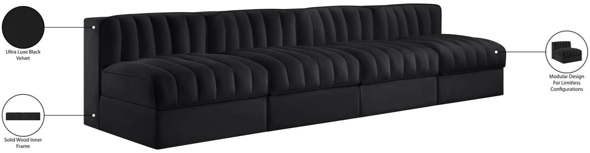 Rummi - Armless Velvet Performance Fabric Upholstered 4 Piece Modular Sofa