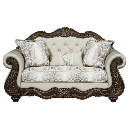 Pierce - Loveseat With 3 Pillows - Beige Fabric & Cherry