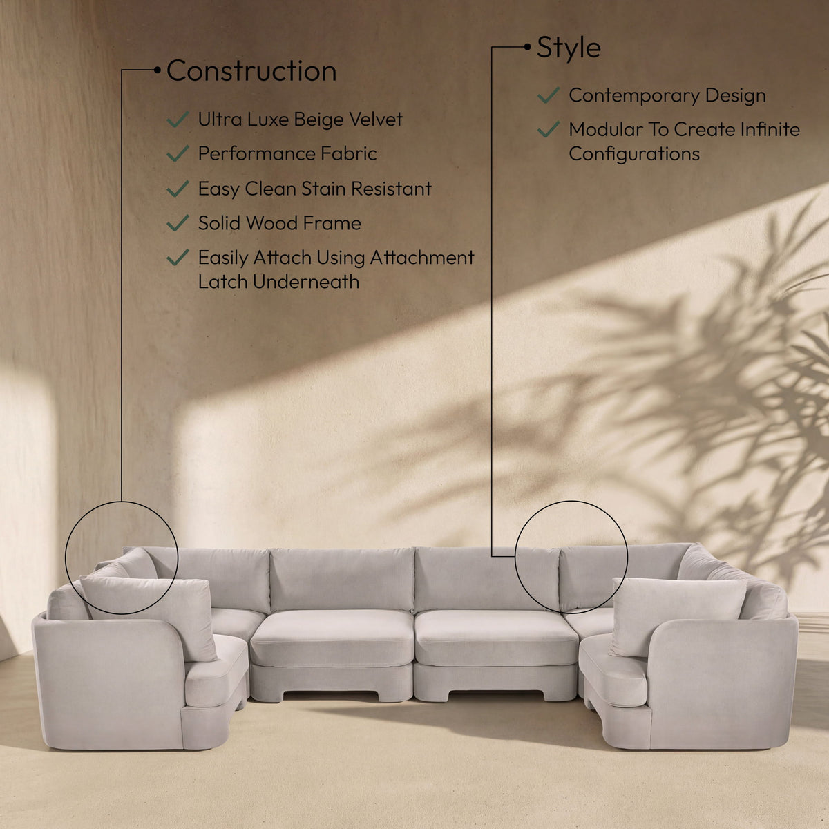 Hammond - Velvet Performance Fabric Upholstered 6 Piece U-Shaped Sectional