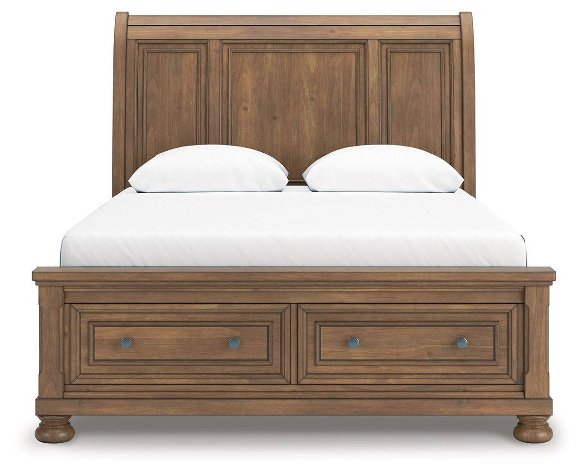 Feddinger - 3 Pc. - Queen Sleigh Storage Bed, Dresser And Mirror - Medium Brown
