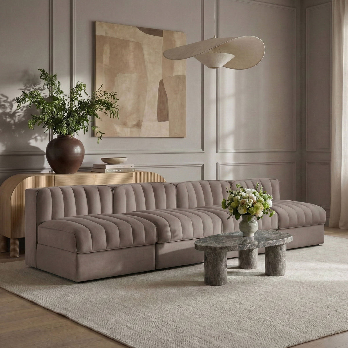 Rummi - Armless Velvet Performance Fabric Upholstered 4 Piece Modular Sofa