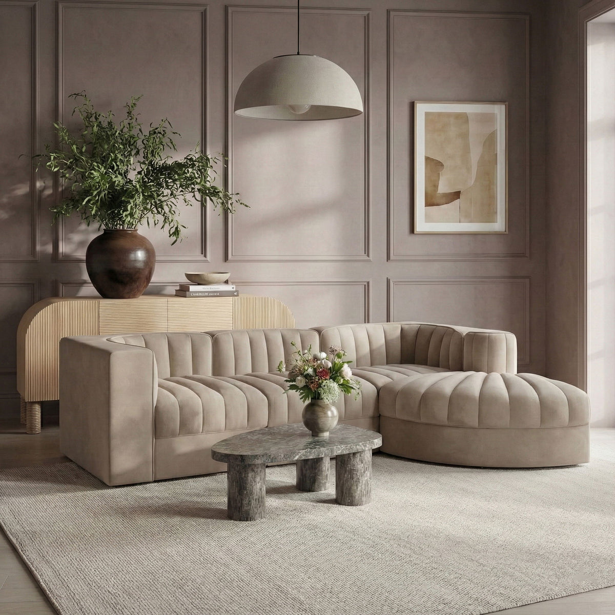 Rummi - Velvet Performance Fabric Upholstered 4 Piece Modular Sectional, With Reverse Corner Chair
