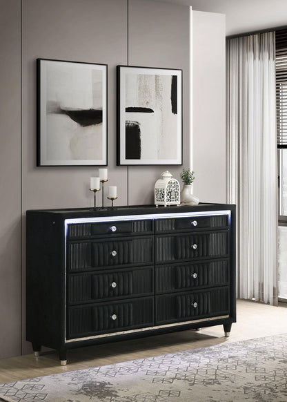 Ravenne 8-drawer Velvet Upholstered LED Dresser Cabinet Black