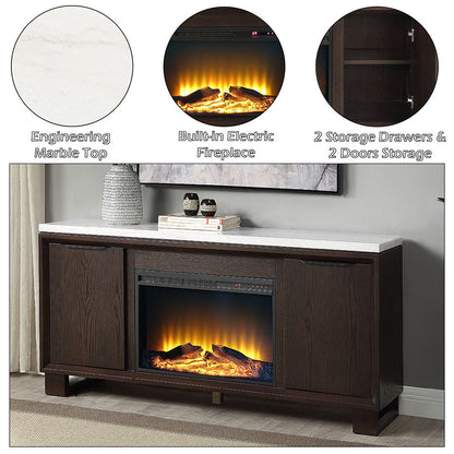 Edwyn - Server With Fireplace - Natural Marble Top & Espresso