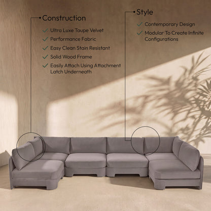 Hammond - Velvet Performance Fabric Upholstered 6 Piece U-Shaped Armless Sectional