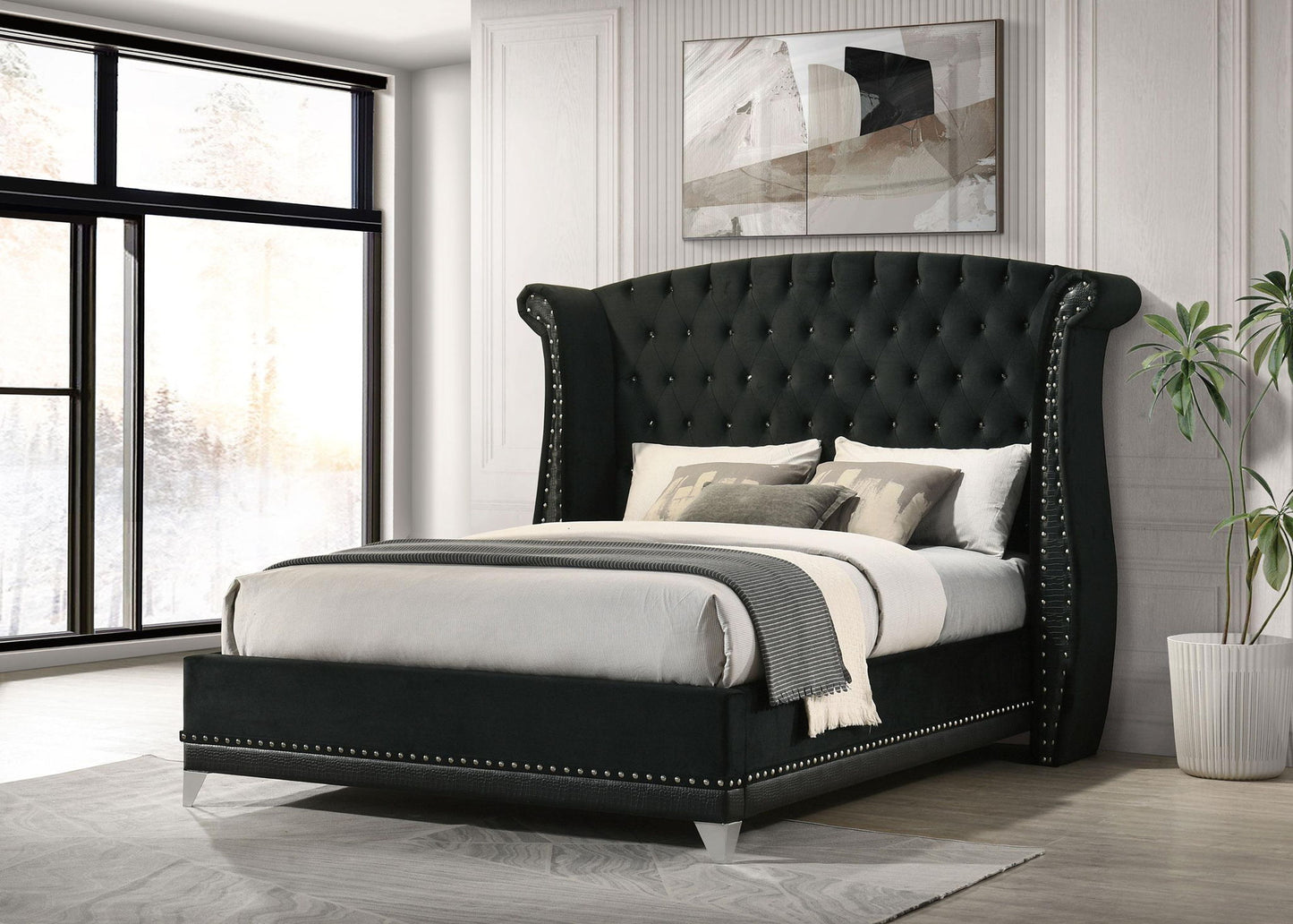Barzini Upholstered Queen Wingback Bed Black