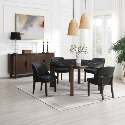 Estella - Round Dining Table With Natural Marble Top - Black Top & Walnut